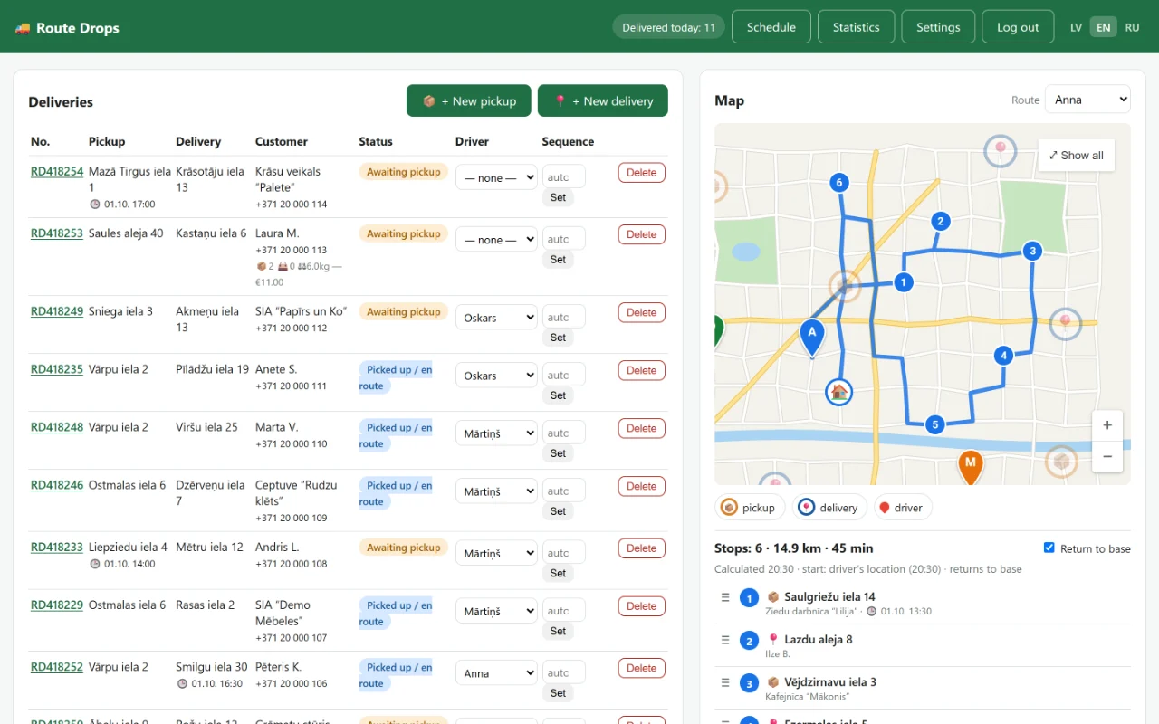 Route Drops dispatch panel with the order table and a map showing a driver's route with numbered stops