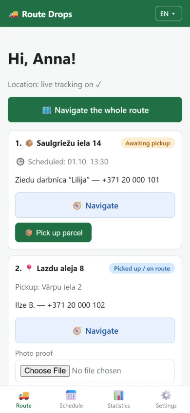 Route Drops driver app on a phone with a list of stops and “Navigate” buttons