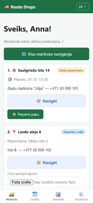 Route Drops šofera lietotne telefonā ar pieturu sarakstu un pogām “Navigēt”